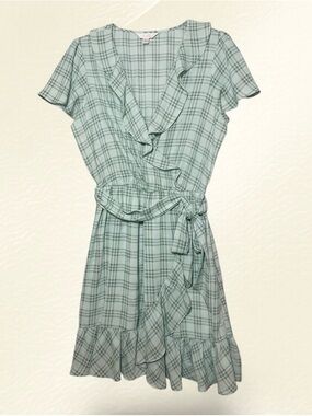 LC Lauren Conrad Mint Plaid Ruffle Wrap Midi Dress